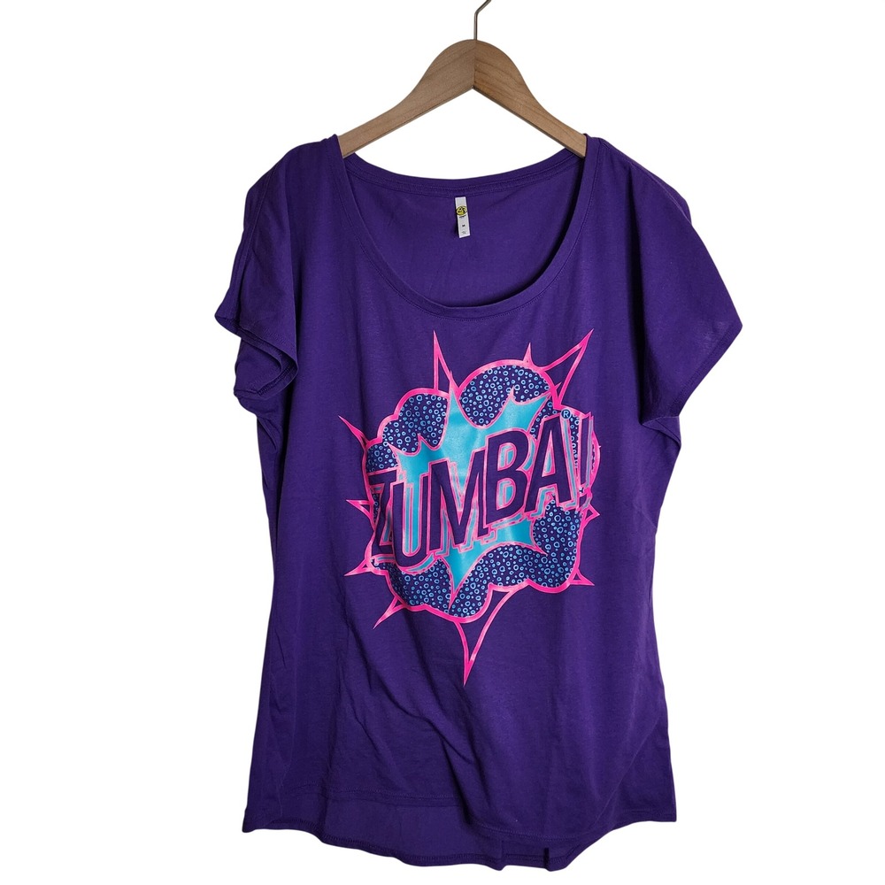 Zumba Graphic T-Shirt Women Medium Purple Comic Pop Art Activewear Tee